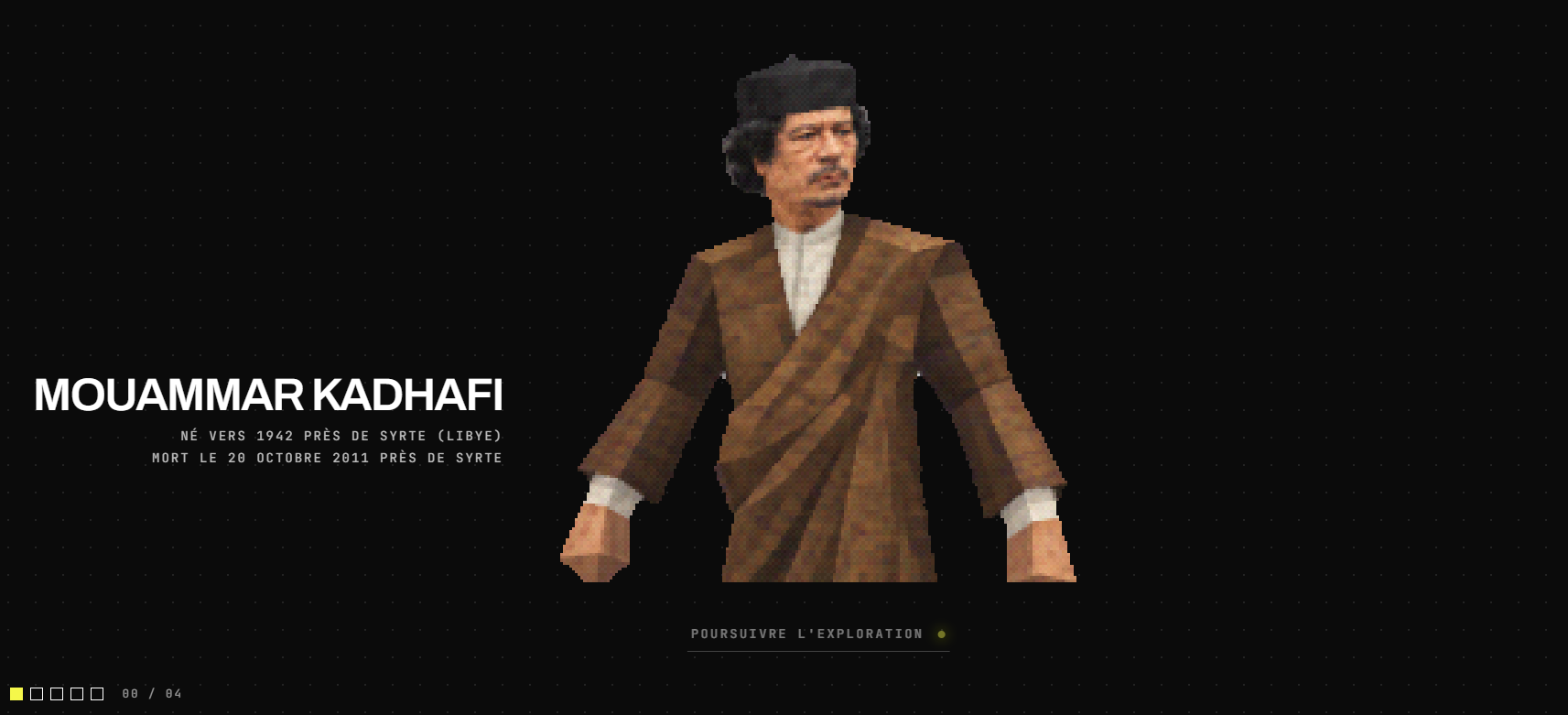 Nodes — dossier plein écran de Mouammar Kadhafi dans la démo
